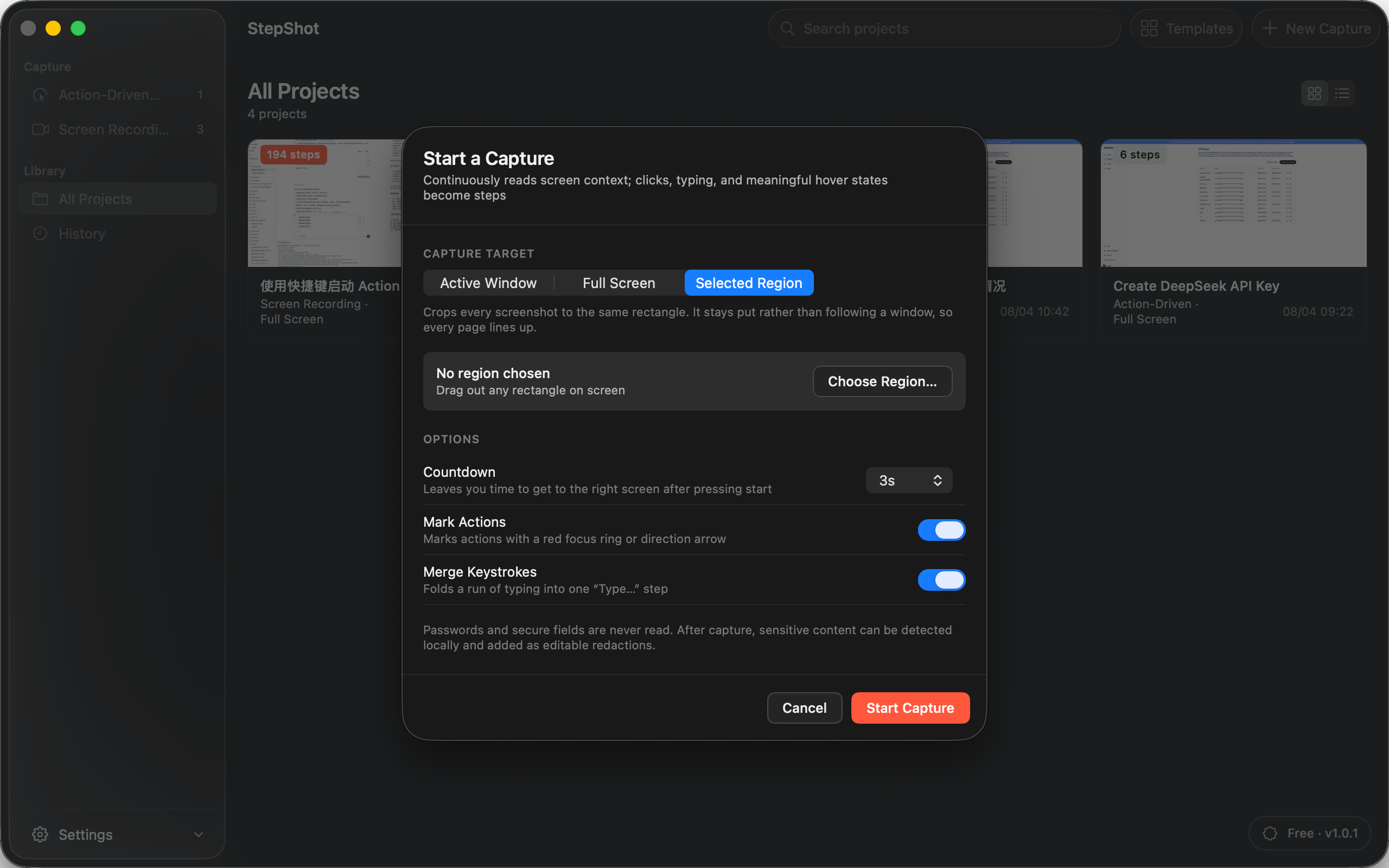 StepShot selected-region capture setup