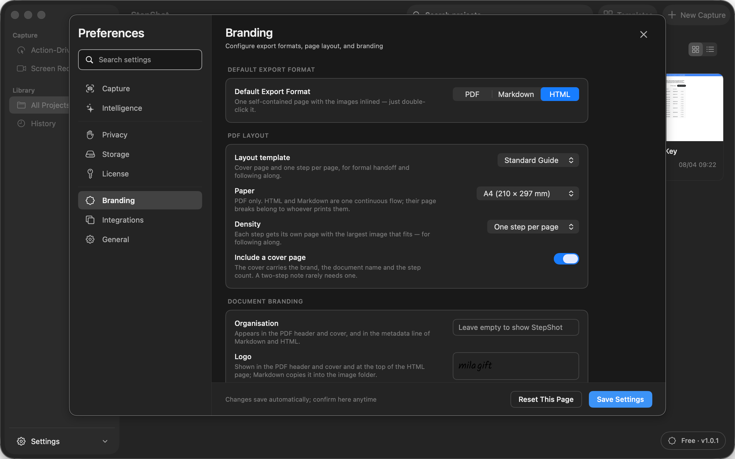 StepShot export and branding preferences