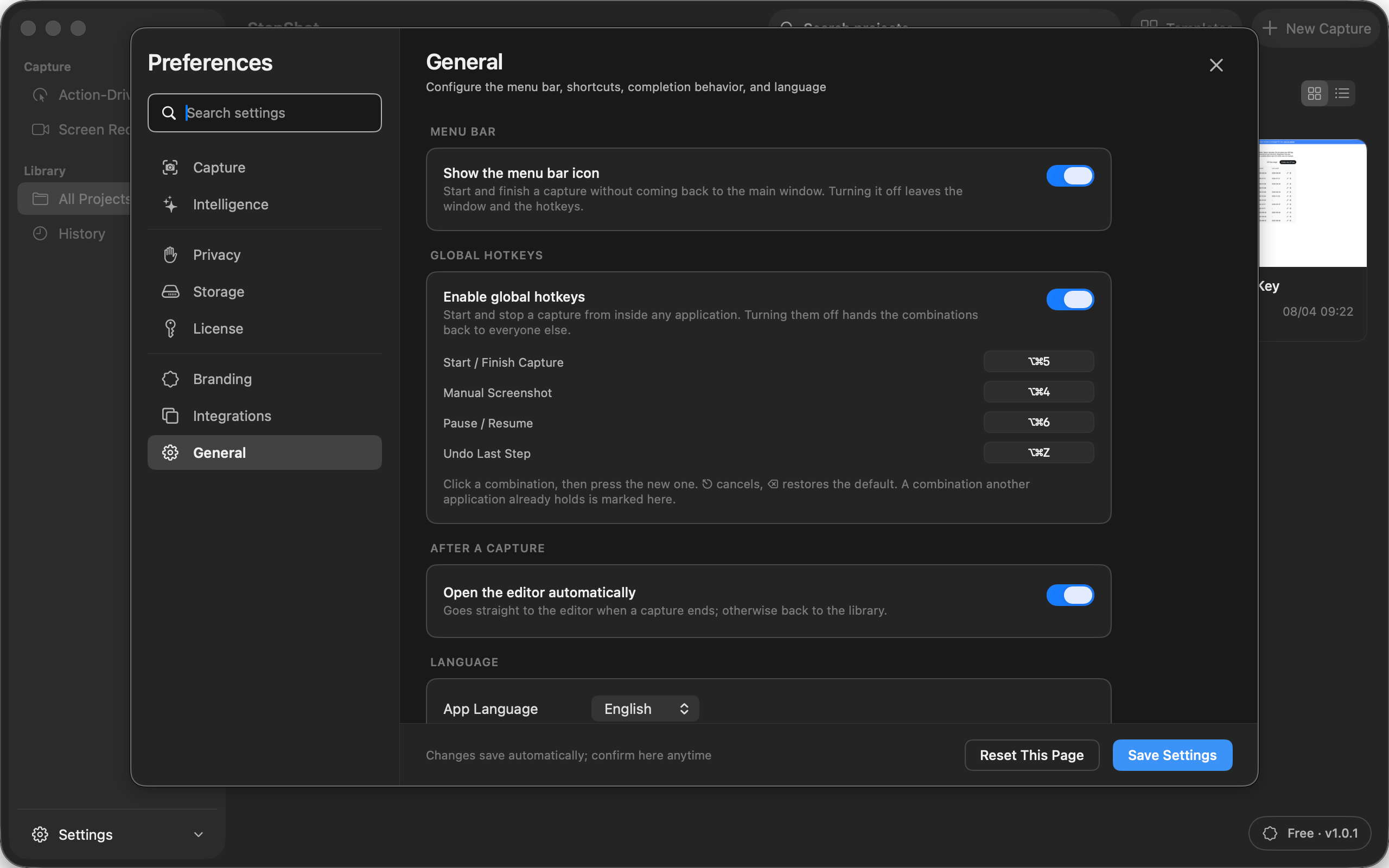StepShot general preferences