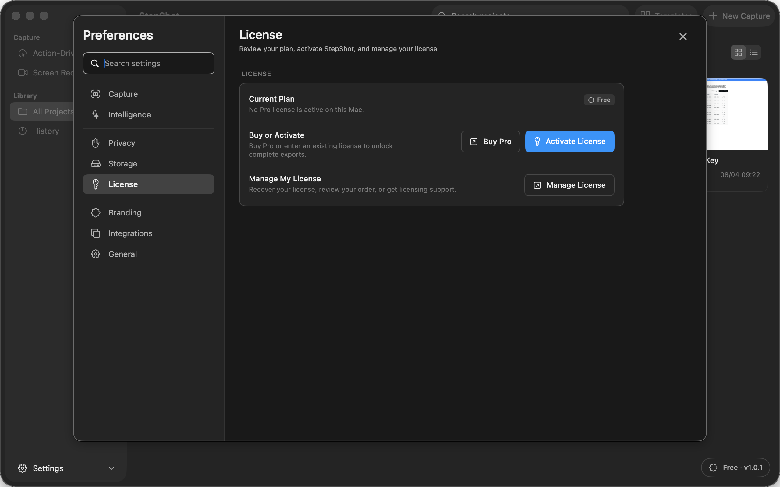 StepShot licence preferences