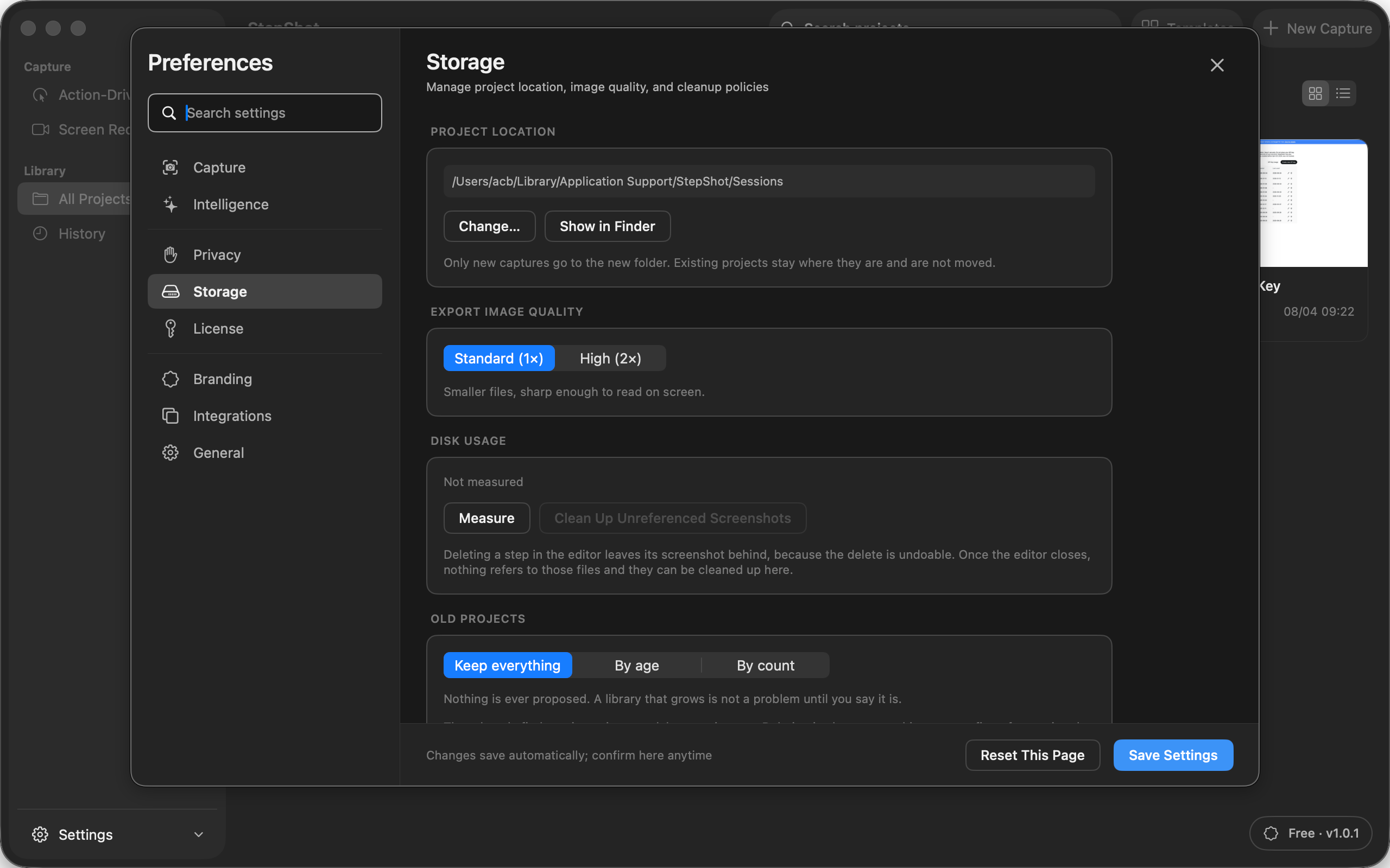StepShot storage preferences